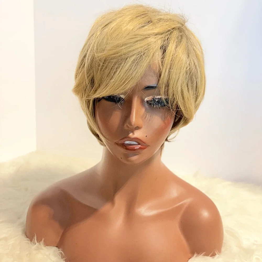 Womens Blonde Short Pixie Cut Bob Wig Side Swept Bangs Layered Hairpiece